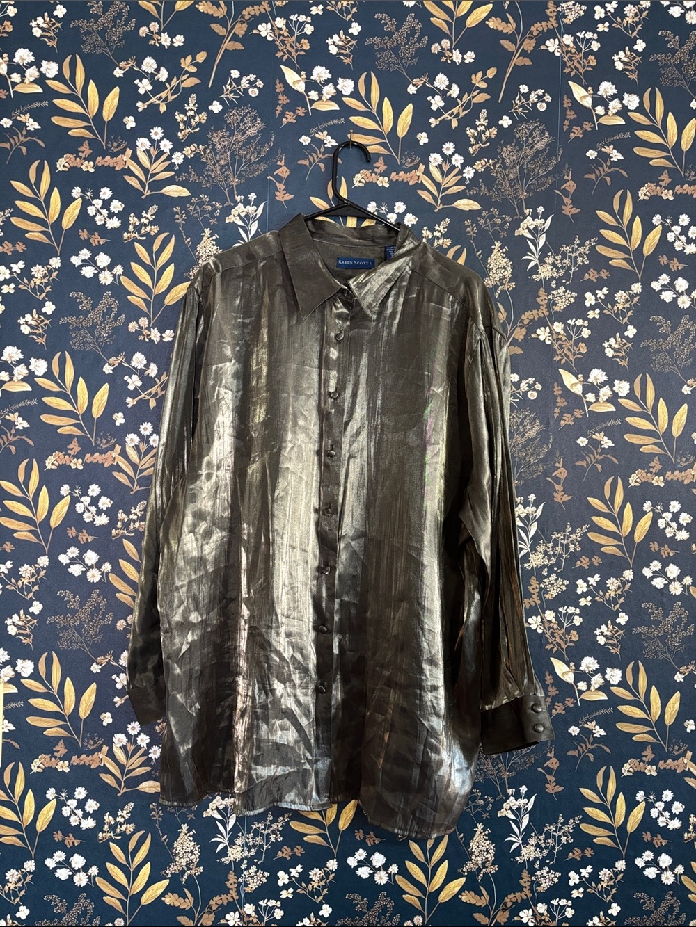 Karen Scott Shimmery Charcoal Button-Front Shirt Blouse Size 3X